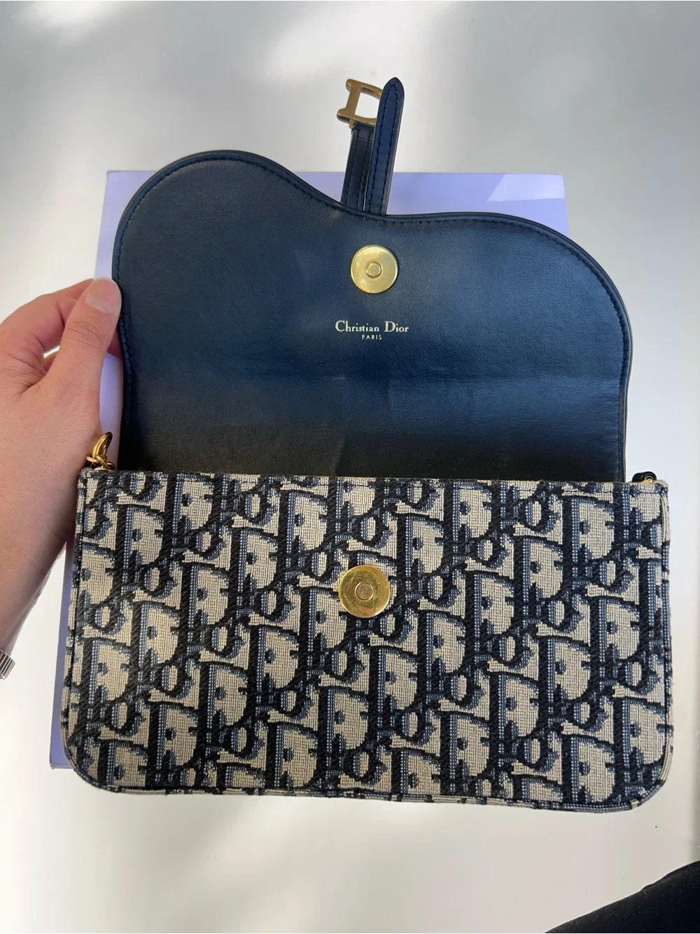Dior Blue Navy Monogram Canvas Phone Wallet with Gold D-Ring